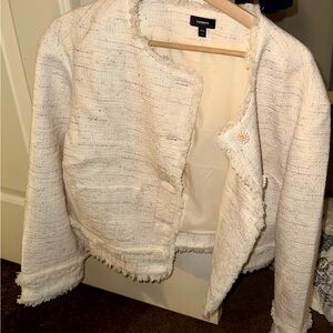 Express Tweed Cream Blazer with Fringe Details